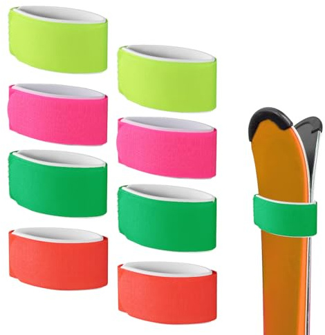 8pcs Sangles de Fixation pour Skis, Sangles Réglables pour Skis Bandes de Ski Attaches de Rangement pour Planches de Ski Bâtons Accessoires de Sports d'hiver (Vert, Jaune, Orange, Rose Rouge)