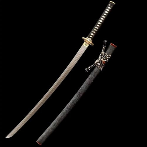 KWXPW Traditionelles Schmiedeverfahren Katana,Handgefertigte Musterstahl Klinge,Geschnitzter Handschutz aus Reinem Kupfer,Echtes Samurai-Schwert zum Sammeln,Ausstellen,Verschenken,Dekorieren
