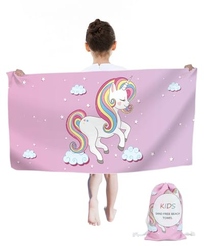 Telo da spiaggia con unicorno, per bambini, 60 x 120 cm, in microfibra, senza sabbia, ad asciugatura rapida, per viaggi, nuoto, per bambini (viola #DJS)