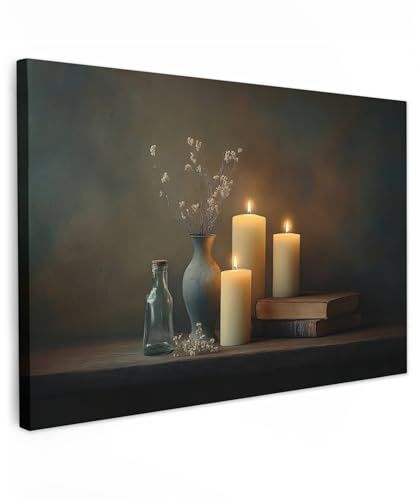 MuchoWow© Wandbilder Groß XXL Schlafzimmer Home Deko Wohnung Bild | 120x80 cm - Wohnzimmer Fotoleinwand Wand Bilder Leinwand Wall Decor Kerzen - Stilleben - Rustikal - Bücher