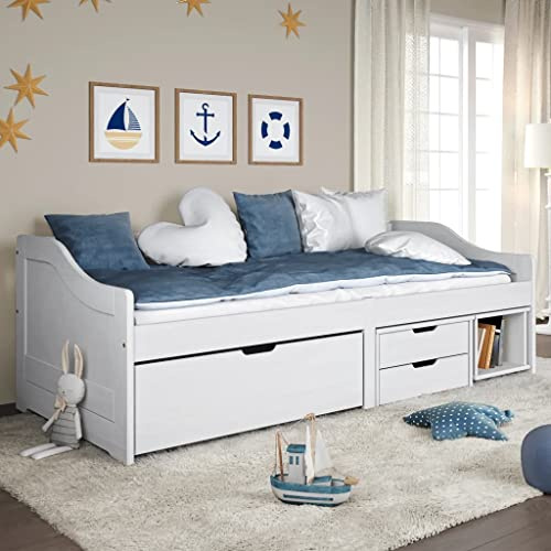 Fasba Tagesbett, Gästebett mit 3 Schubladen, Sofabett Holzbett Latten-Design, Bettgestell Schlafsofa für Schlafzimmer Wohnzimmer, Weiß 90x200cm Massivholz Kiefer