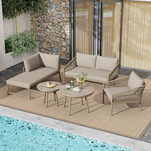 A ALFRESCOOL Garten Lounge Set, Seil Gartenmöbel Set, Modernes Outdoor Sofa Set Handgewebtes Seil, Inklusive Aller Sitz- Und Rückenkissen, Balkonset, Garten Und Terrasse, Khaki