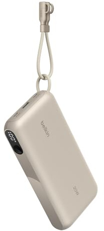 Belkin BoostCharge Batterie Externe 20K avec Écran - Beige | Chargeur Portable 20K, 2 x USB-C et 1 x USB-A, 20 W, Design Portable, Chargeur Préchargé, Câble USB-C Détachable
