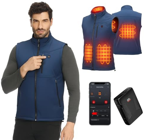 KEMIMOTO Gilet Riscaldato Uomo Donna, Antivento Gilet Riscaldato con Telecomando APP, Elettrico Giubbotti Riscaldati con Batteria da 10000 mAh per Sci Escursionismo Caccia Pesca Motociclismo