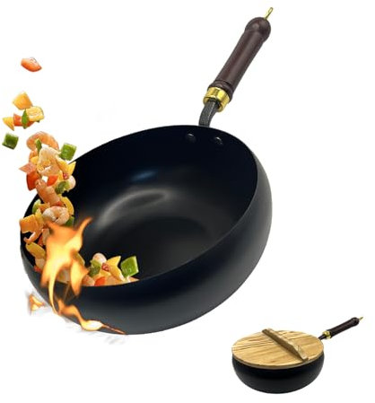 Kenmohuo Hand-Forged Cast Iron Wok Pan, Big Belly Pot with Wood Lid, Uncoated Thick Iron Frying Pan for High Heat Cooking, Non Stick Deep Skillet for Stir Fry & Simmering