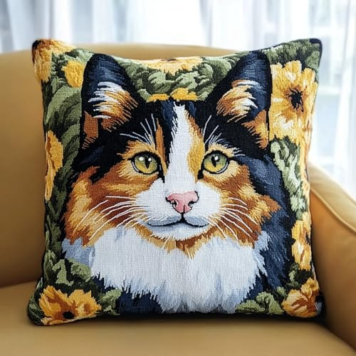 AMBATTERY Kreuzstich Kissen Vorgedruckt, Tiere, Katzen und Blumen Stickkissen mit Muster 45X45cm Kreuzstichkissen Zum Dekorieren Kissenbezug Zum Besticken Kreuzstich Diy Handarbeit Kissen Set