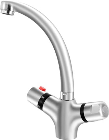 Mqwdxzfes Robinet de lavabo, mitigeur thermostatique avec 2 poignées, température constante, en acier inoxydable, robinet de salle de bain rotatif à 360°, à deux poignées, pour évier et salle de bain