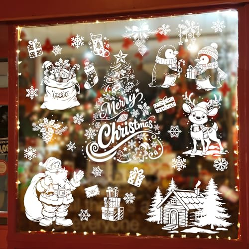Supzone 9 Blätter Fensterbilder Weihnachten Weiß Fenster Weihnachtsmann Rentier Fensteraufkleber Schneemann Pinguin Schneeflocke Baum Fensterfolie Weihnachts Dekoration Mehrweg