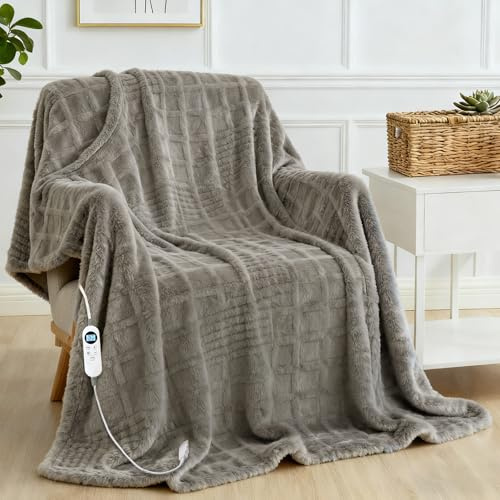 Heated Blanket Electric Throw, 50X60 Heating Blanket Waffle with 12 Heat Levels, Fast Heating Blanket with 1-12H Timer, Overheat Protection with ETL & FCC for Bed Home Office Sofa (Light Gray）