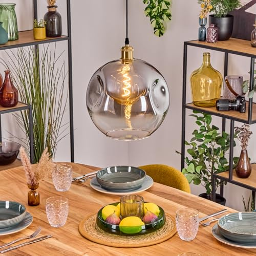 HOFSTEIN Hängeleuchte Ripoll, 1-flammige Hängelampe aus Metall/Glas in Gold-/Rauchfarben/Klar, moderne Pendelleuchte im Retro/Vintage-Design (Schirm 30 cm), E27, Esszimmer, Küche, Wohnzimmer, Flur