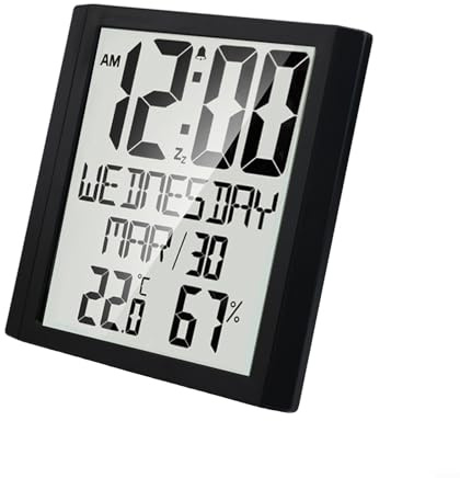 HomeVortex Orologio da parete digitale con display di temperatura e umidità, data settimana sveglia, monitor meteo, grande schermo trasparente per casa o ufficio