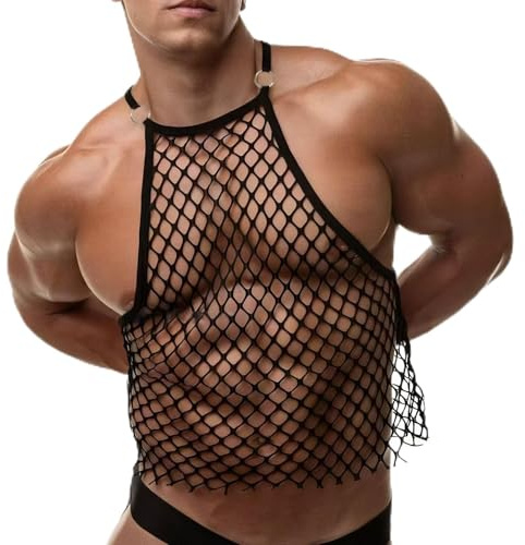 Svart Mesh Tanktop För Män Med Metallringar Oversized Ärmlös Festivalstil (Svart, S=SE-48)