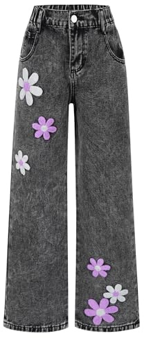Happy Cherry Jeans Larghi Bambina Ragazze Pantaloni in Denim Cotone Ricami Floreali alla Moda Baggy Casual Vita Alta Elasticizzata con Tasche Grigio 13-14 Anni