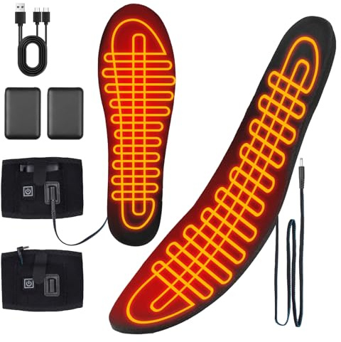 Semelle Chauffante Rechargeable avec Batterie Externe pour Hommes Femmes, 3 Niveaux de Température 40-65°C Chauffe Pied pour Ski Randonnée Chasse Pêche Camping, Lavable Découpable Taille: 36-41