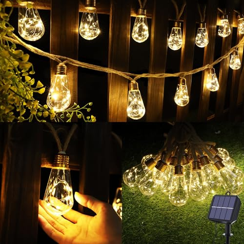 Geemoo Solar Outdoor Hemp Rope String Lights - 2Pack 8M 160 LED Waterproof Festoon with 16 Shatterproof Bulbs for Garden,Patio,Party,Yard,Xmas Decoration (Warm White)