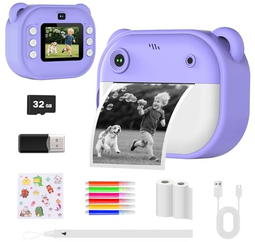 Appareil Photo Instantané Enfants 3-14 Ans, Appareil Photo Numérique Enfant avec Papier d'impression, Carte 32 Go, Stylos Inclus, Mode Selfie et Vidéo HD, Cadeau Fille Garçon (Violet)