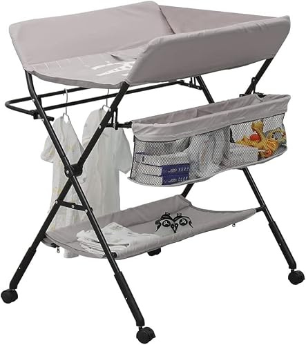 Mesa For Cambiar Pañales Plegable For Bebés Con Almacenamiento Sobre Ruedas, Cambiador Móvil For Lactancia Infantil Mesa De Altura Ajustable For El Cuidado Del Recién Nacido Masaje Con Bolsa(Grey)