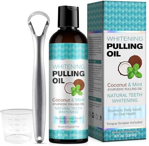 Coconut Oil Pulling Mouthwash with Tongue Scraper, Mint Oil Pulling Oral Rinse, Alcohol-Free Coconut Mouthwash for Fresh Breath, Teeth Whitening & Healthy Gums, 237ml