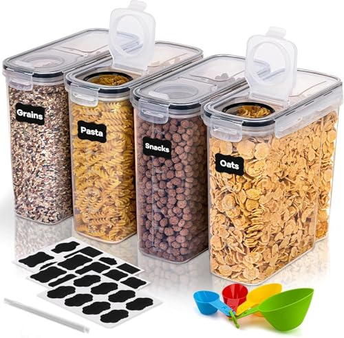 4L Botes Cocina Almacenaje 4 Piezas, Sin BPA, Recipientes para Alimentos de Plástico de Alimentos Sellados con Tapa, Contenedores Herméticos para Almacenar Cereales, Pasta, Arroz, Harina
