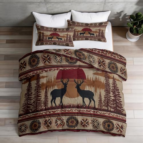 Generisk vintage täcken 155 × 220 cm 4 årstider, tvättbart täcke utan överdrag för rödbrun – hjort tallberg mjuk och bekväm året runt täcke med 2 örngott, sovrum