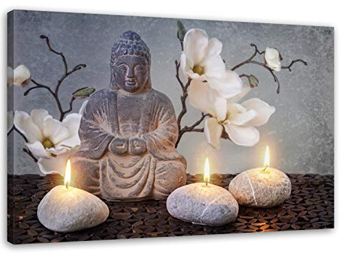 Feeby, Leinwandbild, Bilder, Wand Bild, Wandbilder, Kunstdruck 40x60cm, Buddha, Zen-Kultur, Kerzen, Blumen