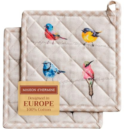 Maison d'Hermine Topflappen-Set, 100% Baumwolle (20 cm x 20 cm, 2er-Pack) | Hitzebeständig mit Schlaufe zum Grillen Backen Anfassen heißer Pfanne, Frühjahr Sommer - Birdies On Wire