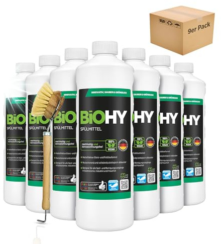BiOHY Spülmittel (9 x 1 Liter) + Spülbürste | Bio Geschirrspülmittel ohne schädliche Chemikalien | Flüssiger Fettlöser für frischen Glanz | ideal für Spülmittelspender | biologisch abbaubar