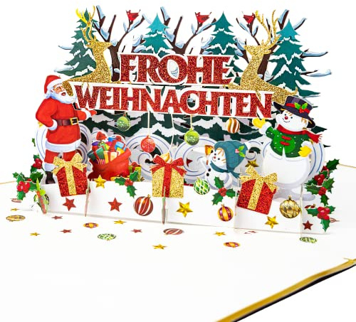 LIMAH® Pop-Up 3D Premium Grußkarte/Hochwertige Weihnachtskarte/X-Mas Karte zu Weihnachten/Weihnachtsmann, Schneemann, Rentiere, Frohe Weihnachten Motiv/in Weiss Gold/Groß mit Glitzer