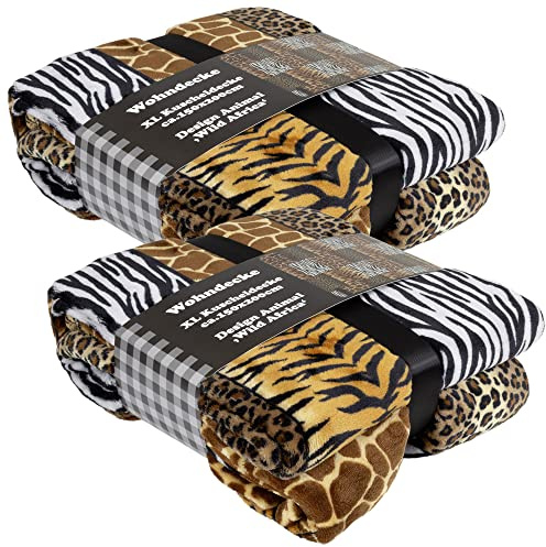 Trendyshop365 Kuscheldecke Africa Animal 150x200cm Tierfell Wohndecke XL Qualität 300g/qm Zebra Giraffe Leopard (2 Stück)
