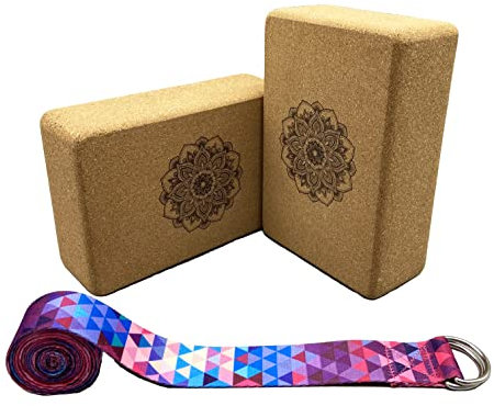 Aozora Kork-Yoga-Block, nachhaltig und umweltfreundlich, 2er-Pack und Yoga-Gurt-Set aus feinstem Naturkork für bessere Unterstützung, Balance und Komfort (Mandala, 9 x 6 x 3 (2 Stück))