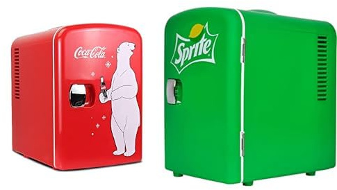 Koolatron Mini Fridge 4L Small Fridge 6 Can Quite Mini Fridges Mini Cooler Warmer for Office Home & Travel PB Red + Sprite Mini Fridge 4L Table Top Mini Fridges for Skincare 12V Portable Cooler Green