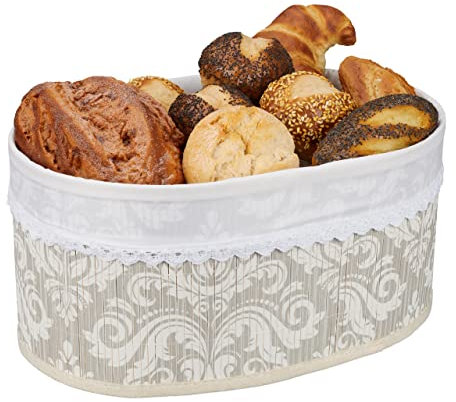 Relaxdays Panera, Bambú, con Cubierta de Tela, Estampado Floral, Pan y Panecillos, Cesta Desayuno Ovalada, Gris/Blanco, Acero, 16 x 34 x 23,5 cm