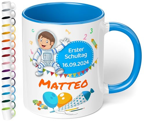 True Statements personalisierte Tasse Erster Schultag mit Astronaut, in Cambridge Blau, Geschenk zur Einschulung, 330 ml Keramiktasse als Einschulungsgeschenk 1. Klasse