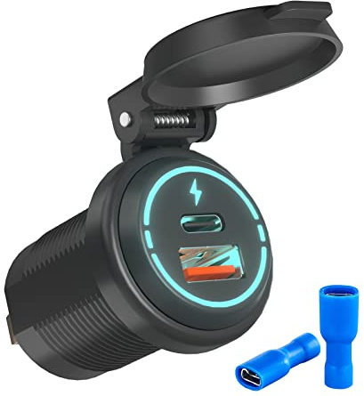 Kriogor QC 3.0 USB C Steckdose 12V / 24v Auto, PD3.0 30W Typ C USB Buchse Wasserdicht 12 Volt KFZ Dose Zigarettenanzünder Adapter Auto Zubehör für KFZ Wohnmobil Motorrad Boot Yacht (USB+Type C)