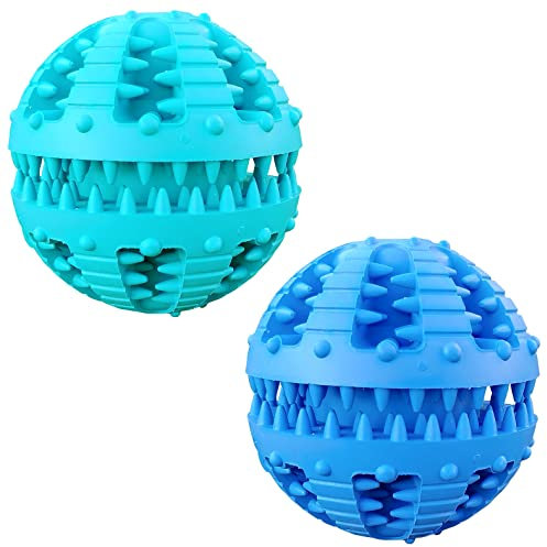 MMSGA 2 Pcs Hundeballe mit Zahnpflege，Katze Hund IQ Spielzeug Ball,Zahnkugel Spielzeug,Natur Gummi Ball mit Minzgeschmack für Katzenhund Zahnreinigung/Kauen/Spielen/Ausbildung (Große, Blau+Blau)