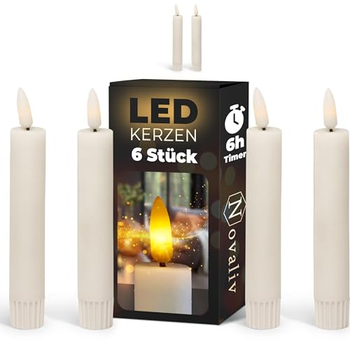 Novaliv Weiße LED Stabkerze mit Timerfunktion 6er Set - bewegliche Flamme Timer - 12, 5cm Höhe für 2, 2cm Durchmesser / AAA Batterien notwendig - Stabkerzen Echtwachs, Elfenbein, Klein