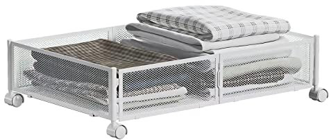 MISNODE Unterbettkommode, Aufbewahrungsbehälter unter dem Bett, mit Rollen, werkzeuglose Montage, Metall-Unterbett-Organizer, Schublade für Schlafzimmer, Weiß (62 x 42 x 16 cm, Weiß)