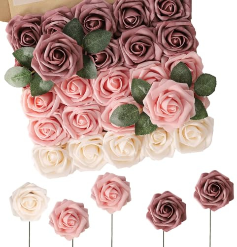 N&T NIETING Künstliche Blumen Rosen, 50 Stück Real Touch Rose Blume | Wie Echte Blumen mit Stielen, Real Touch Schaum Rose, Wiederverwendbar, Partytische Heimdekoration, DIY-Blumenarrangement