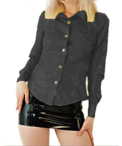 Kontor dam höst PVC bodycon långärmade toppar PU-läder skjortor topp knapp upp elastisk jacka blus, svart, XXXL