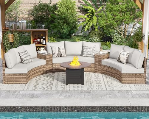 PaPaJet 11-Piece Patio Furniture Set with Large Storage Wedge Table, Half-Moon Wicker Sectional Sofa with Cushions, Waterproof Rattan Outdoor Conversation Set for Beach, Pool, Garden & Balcony, Beige