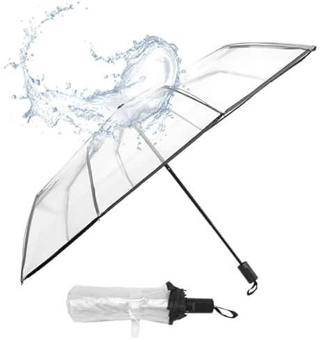 Yuemsh Automatic Folding Transparent Umbrella, Auto Open/Close, Windproof, Rainproof, Travel Umbrella, Transparent Color, 21cm Diameter, 7cm Length