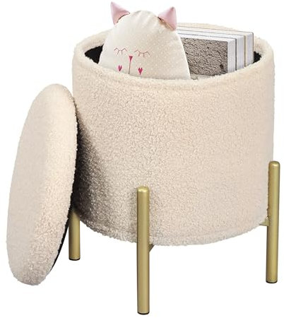 eSituro Hocker mit Stauraum, Sitzhocker rund faltbar, Falthocker mit Metallbeinen Deckel, Polsterhocker für Wohnzimmer Schlafzimmer Fußhocker Sitztruhe aus Teddyfleece φ35xH41 cm Beige