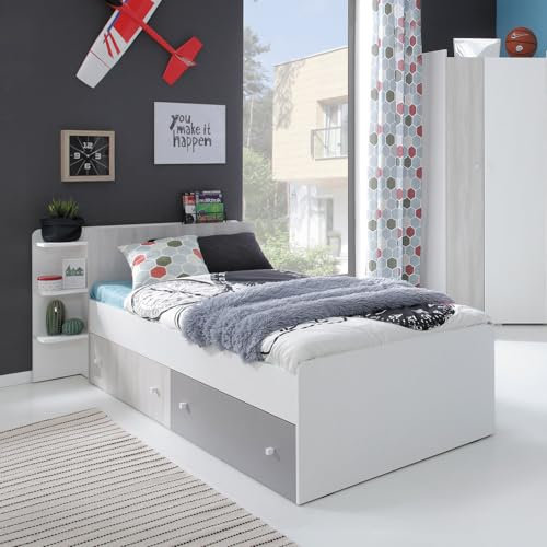 Lomadox Jugendzimmer Set mit Bett 120x200cm, 2 Bettschubladen, Eckkleiderschrank weiß, Eiche hell, grau