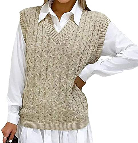 WeaAll Ladies Cable Knit V Neck Sleeveless Vest Women's Knitted Jumper Tank Top Winter Chunky Sweater Plus Size UK 8-22