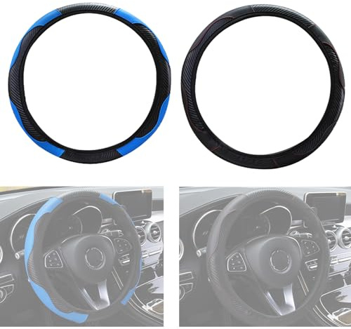 BSITSSS 2 Stück Auto Lenkradbezug Mikrofaser Leder Lenkradhülle Universal Größe 37–38 cm, Lenkradbezug Leder Anti Rutsch Atmungsaktiv (Schwarz, Blau)