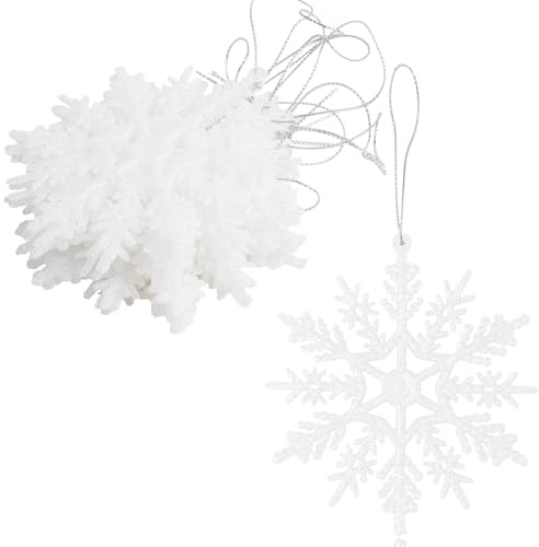 SULOLI 12 Pezzi Glitter Fiocchi di Neve,10 cm,Decorazioni da Appendere per Albero di Natale (Bianca)