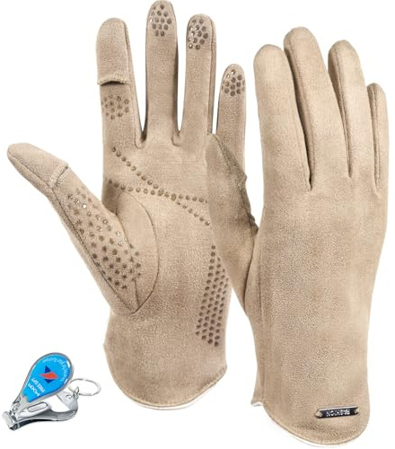 LassZone Winter Warm Suede Gloves for Women, Thick Fleece Lined Touch Screen Gloves Cold Weather Windproof Thermal Mittens with Finger Cap for Running Cycling Driving