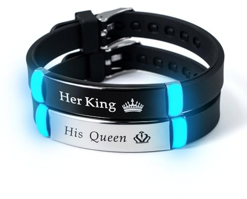 ATLVXJL 2pcs/set matching couples bracelets his queen her king Grow in the Dark English letter stainless steel silicone bracelet Valentine’s Day gift