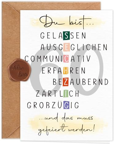 Giftota Geburtstagskarte 60 Jahre Frau Mann (A6 Klappkarte mit Umschlag & Wachssiegel), Schöne Geschenkkarte zum 60. Geburtstag mit besonderen Designs, 60. Grußkarten für Freunde, Geliebte und Eltern