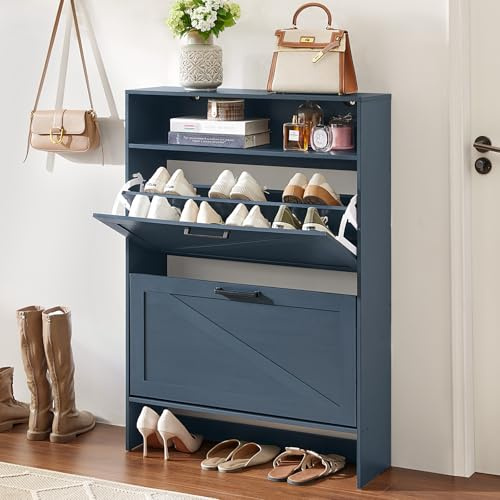 LELELINKY Blaue Schuhschrank, schuhregal mit 2 Klappen,offenen Fächern Schuhkipper,Holz Schmal Schuhregal,Flur-Schuhständer für 24-32 Paar Schuhe, Geeignet für Flur, Eingangsbereich und Wohnzimmer